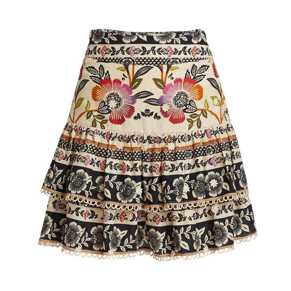 FARM Rio Cream Floral romantic garden Tiered Mini Skirt with Black Trim